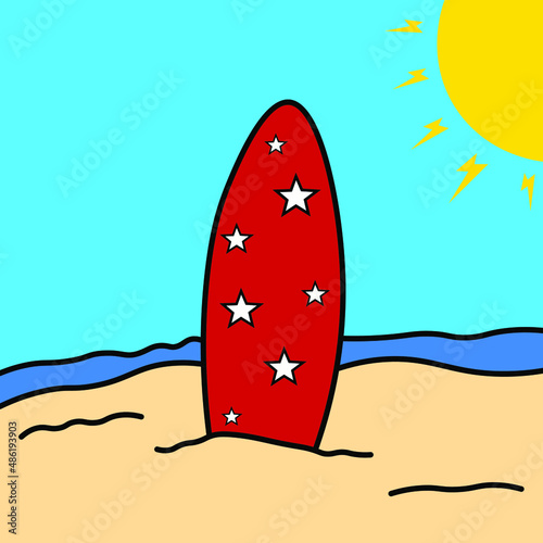 SURFBOARD ILLUSTRATION ON THE BEACH FOR VARIOUS TYPES OF USE