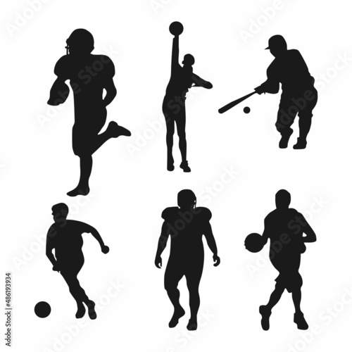 Set of players of different sports. Football player, basketball player, rugby player silhouettes isolated on white background. Vector illustration