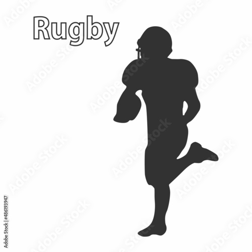 Silhouette icon of rugby football player walking with oval ball. American football player in action, isolated on white background. Rugby athlete with ball in full kit. Vector photo