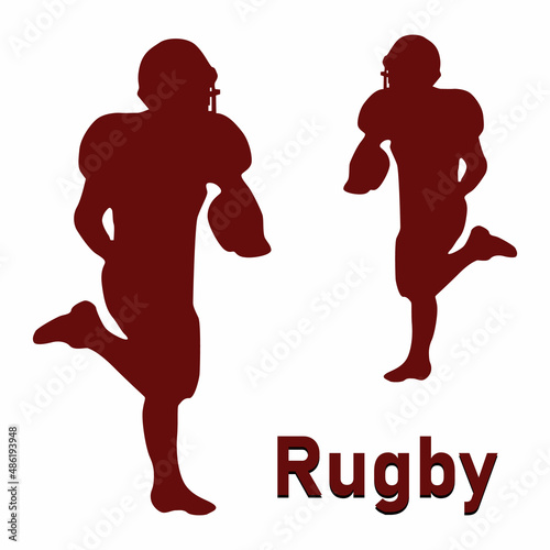 Rugby football players icon silhouette with oval ball. American football players isolated on white background. Rugby players with ball in full set. Vector illustration photo