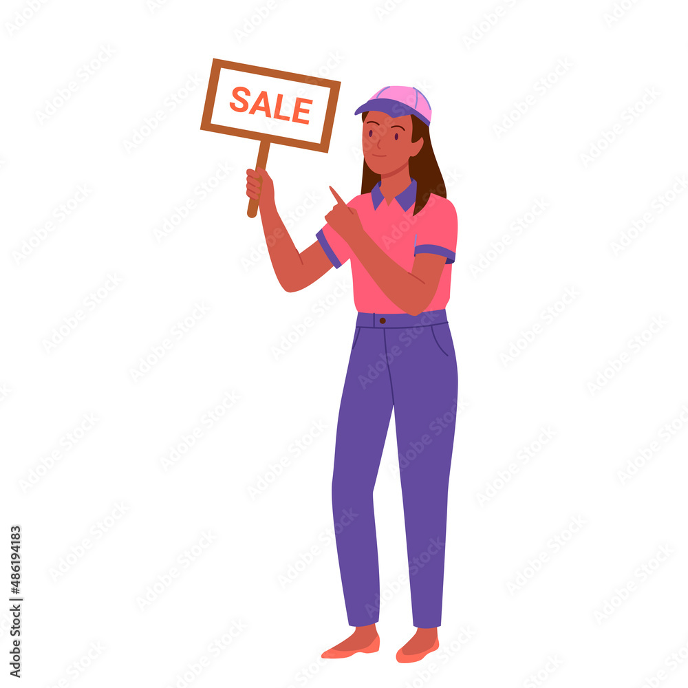 African american seller girl with sale board. Saleswoman holding sign of seasonal shop big deals flat vector illustration African american seller girl with sale board. Saleswoman holding sign of seasonal shop big deals flat vector illustration