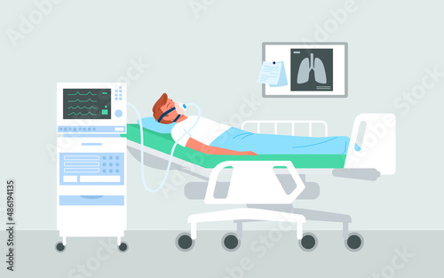 Covid patient man connected to medical lung ventilator. Clinical intensive therapy for critical health condition people, hospital bed and artificial ventilation equipment flat vector illustration