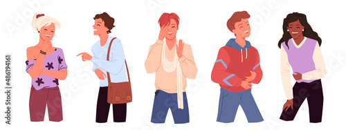 Set of amused laughing out loudly young people. Joking and giggling at something funny, humorous and comic mood, joyful positive teenagers having fun cartoon vector illustration