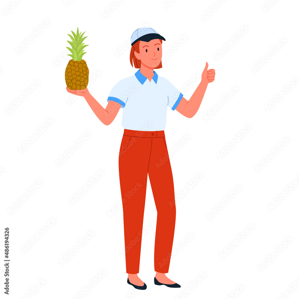 Fruits seller girl in natural food market. Salesperson working in fruit section, promoting products flat vector illustration Fruits seller girl in natural food market. Salesperson working in fruit section, promoting products flat vector illustration