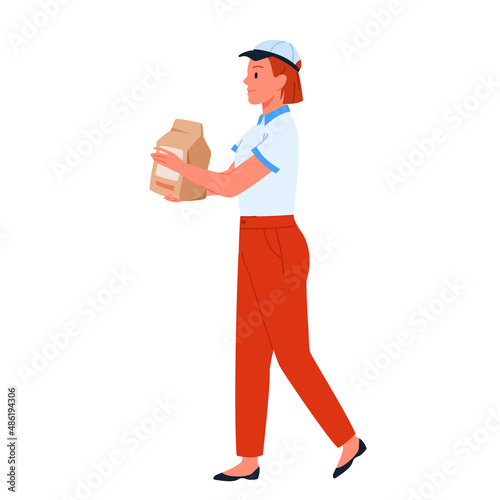 Seller girl packing customer purchase. Client order and shop consultant assistance service flat vector illustration