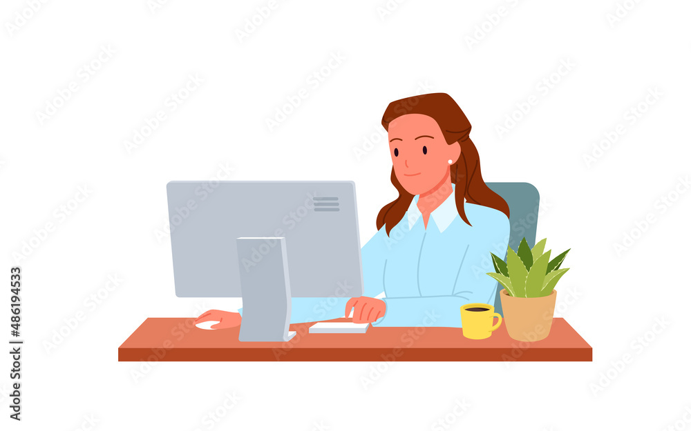 Young cute woman working at desktop computer. Office manager, administrative clerical staff flat vector illustration Young cute woman working at desktop computer. Office manager, administrative clerical staff flat vector illustration