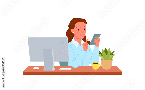 Young woman sitting at computer using phone. Office administrative worker, mobile consultation flat vector illustration