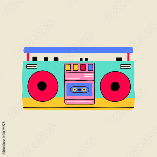 Classic 80s-90s elements in modern style flat, line art style, front view. Hand drawn vector illustration of record player, audio tape recorder, ghetto boom box. Fashion patch, badge, emblem, logo