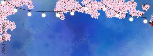 Cherry blossoms at night, lights. copy space, vector illustration, web banner, header, poster, sign, flyer, flyer, watercolor texture, navy sky, pink