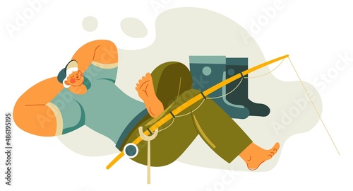 Man with fishing rod and wellingtons on ground