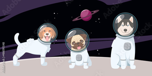 Funny dogs in spacesuits in space. Cartoon design.

