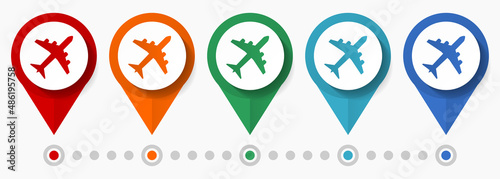 Plane, airplane concept vector icon set, flat design flight pointers, infographic template