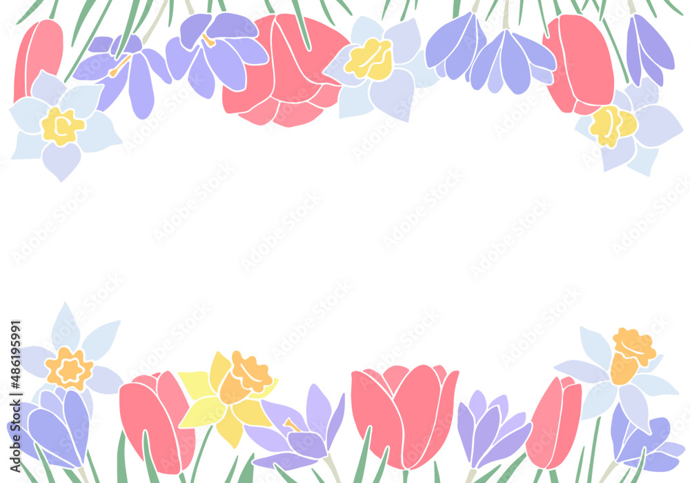 Spring flowers frame with daffodil, crocus, and tulip flowers