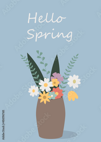 Beautiful vector spring card with the image of a vase of flowers.