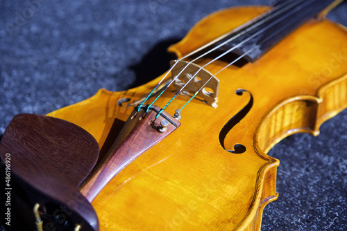Close-up of a musical instrument violin on a blue background. The concept of culture and art.