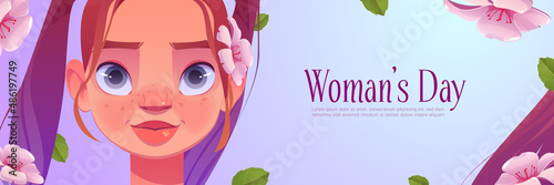 Womens day poster with pretty girl and pink flowers. Vector banner of international female holiday 8 March with cartoon illustration of young woman face with freckles and sakura blossoms