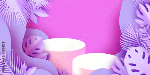 3D Podium scene or pedestal on very peri wave background with tropical palm leaves paper cut craft studio for display product mockup design.