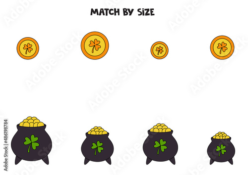 Matching game for preschool kids. Match coins and pots of gold by size.