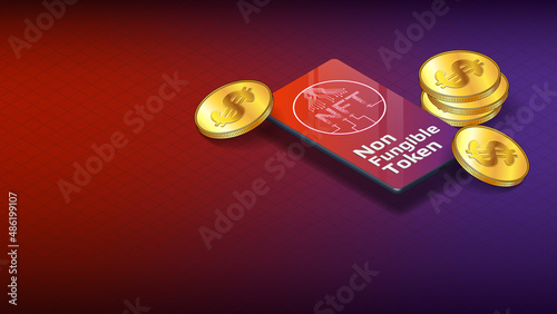 NFT non fungible token isometric cellphone and gold coins of dollars on red background with copy space. New class of coins. Pay for unique collectibles in games or art. Banner or header.