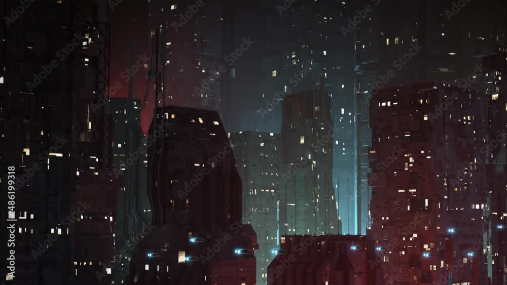 Futuristic, Dystopian Sci-Fi City at Night Establishing Shot - Tilt Down