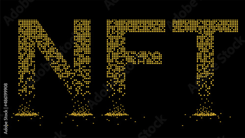 Crumbled text NTF non fungible token from falling golden cubes isolated on black background. Fragmented text from yellow blocks. Design element.