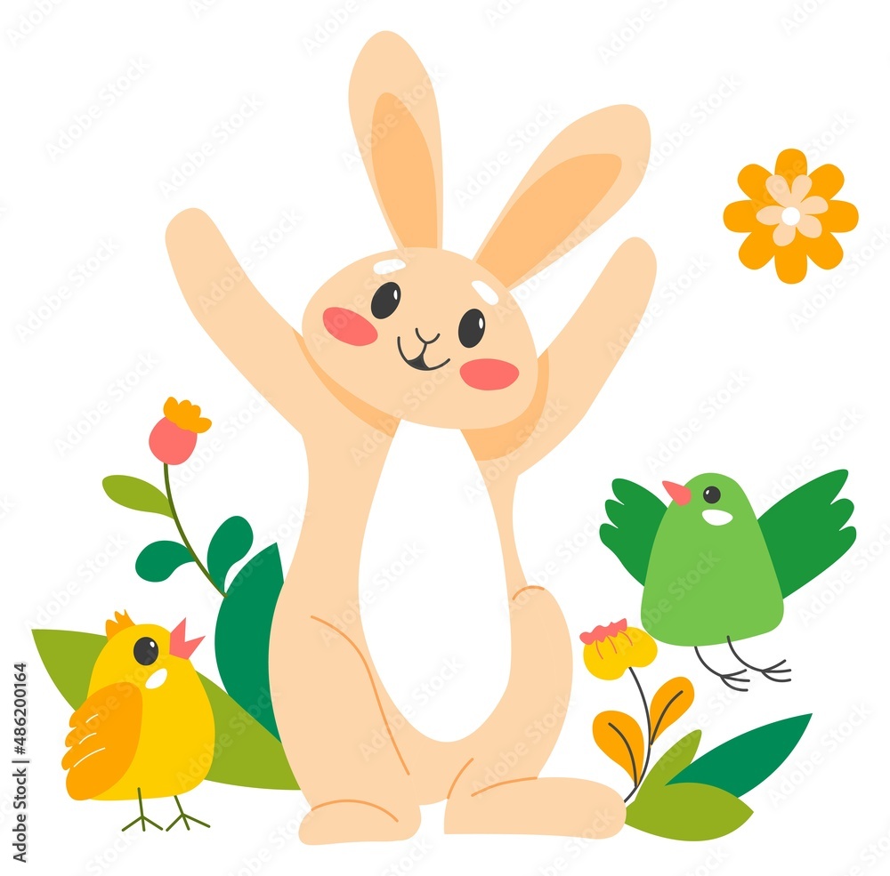 Bunny character and chicken, easter holiday fun Bunny character and chicken, easter holiday fun