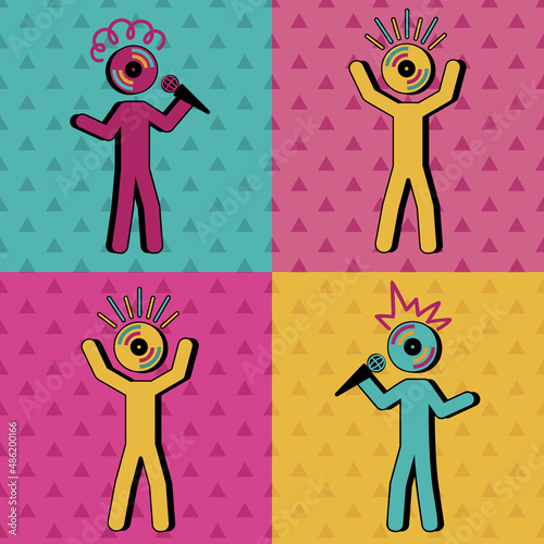Retro style 80s 90s. Disco, dancing, party, karaoke. Black silhouettes on a colored background.
