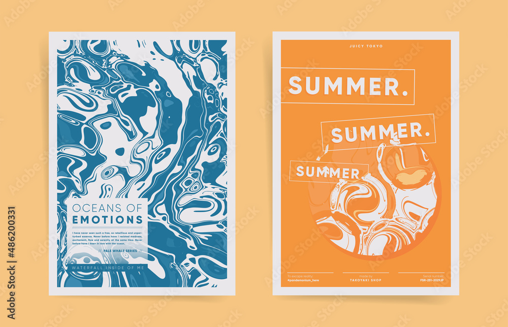 Summer beach poster design set. Vector juicy orange and ocean blue wavy surf pattern background layout cover for poster, placard, brochure, flyer.