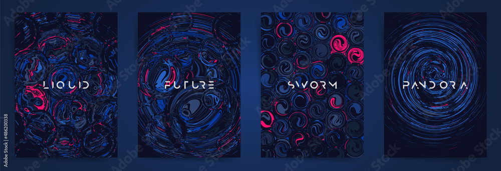 Dark space universe minimal template design with typography for poster, flyer, event brochure, placard, presentation or cover. Black blue pink acid colors, circles and twists brutal background shapes 