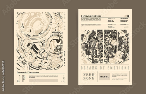 Japanese modern art poster set with text and abstract shapes. Black and beige vector illustration.