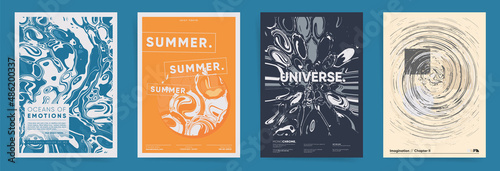 Set of abstract geometric summer collection design templates for poster, flyer placard, cover, music event or party banner. Fluid artwork with waves and circles. Modern vector graphic print.