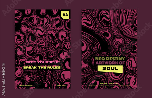 Tech and brutal abstract template design with typography for poster  flyer  event brochure  placard  presentation or cover. Black  purple colors and rounded shapes psychedelic  vector background set.