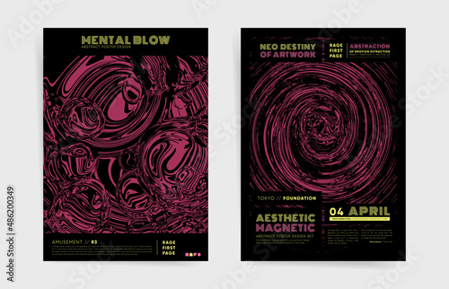 Modern art  template design with typography for poster, flyer, event brochure, placard, presentation or cover. Pink and black colors with spirals and twists. Vector background set.