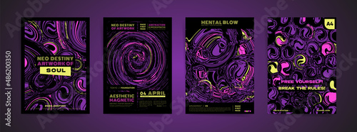 Dark space abstract template design with typography for poster, flyer, event brochure, placard, presentation or cover.  Black, purple colors with hallucination paints print vector set. photo