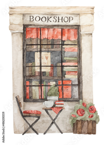 Vintage showcase of book shop. Window of store. Watercolor hand-drawn illustration. Template for postcard