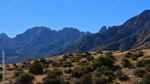 the craggy peaks of the san augustin mountains as seen from san augustin pass along us highway 70 on a sunny winter day near las cruces in southern new mexico