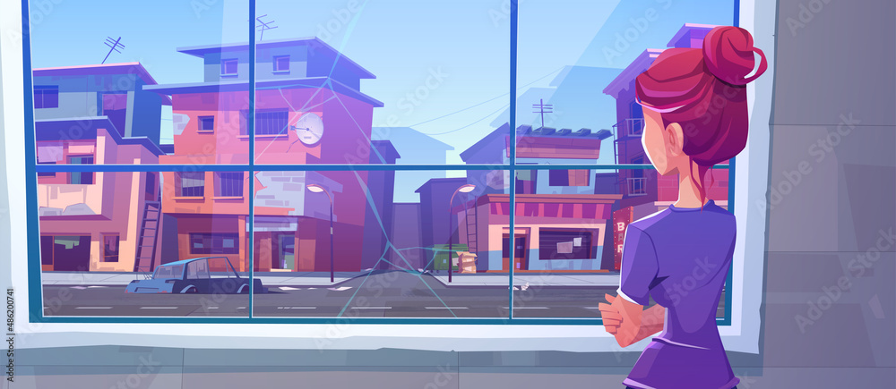 Lonely woman stand at cracked window rear view looking on ghetto street ...