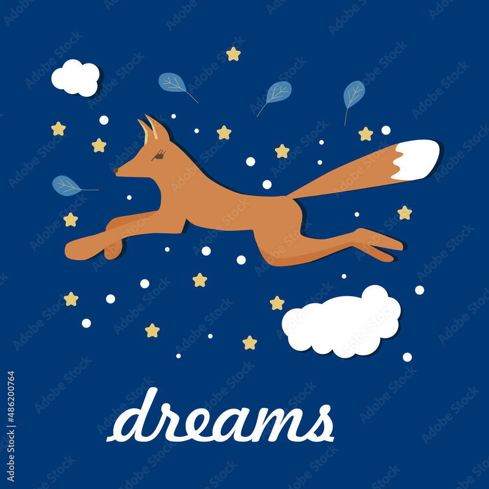 An orange fox flies surrounded by yellow stars, white clouds, and blue feathers against a blue night starry sky. Dreams. Vector illustration EPS8