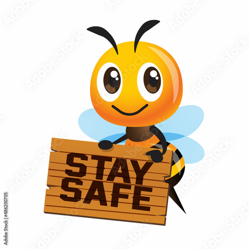 Cartoon cute bee character finger pointing to stay safe wooden signboard. Character illustration