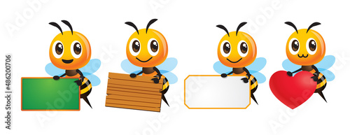 Collection set of cartoon cute honey bee holding different empty signboard such as blackboard, wooden board and heart shape sign. Character set