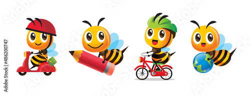 Collection set of cartoon cute honey bee with different pose such as riding scooter, holding pencil and globe, riding bicycle. Character set