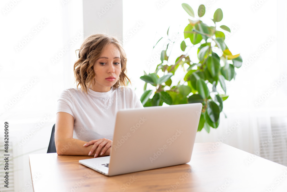 Business woman using laptop sitting near desk white office interior with houseplant looking a side Business woman using laptop sitting near desk white office interior with houseplant looking a side