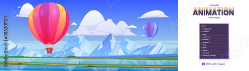 Nature scene with flying hot air balloon, lake and mountains on horizon. Cartoon landscape with rocks and airships with basket fly over river. Vector backdrop ready for animation with parallax effect