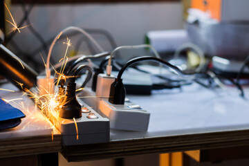 electric plug sparks Caused by short circuit The concept of danger, the use of non-standard equipment worn-out equipment