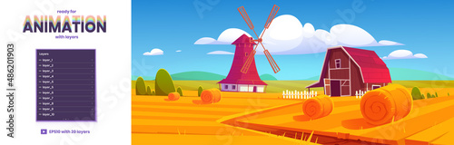 Countryside with hay bales on agriculture field, windmill and farm barn. Vector parallax background ready for 2d animation with cartoon illustration of rural landscape, farmland