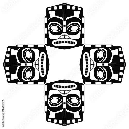 Square cross design with four Native American ethnic masks of Haida Indians. Black and white silhouette. Isolated vector illustration.