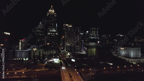 Atlanta Georgia At Night Slow Pan L to R Aerial of Downtown Traffic and Buildings