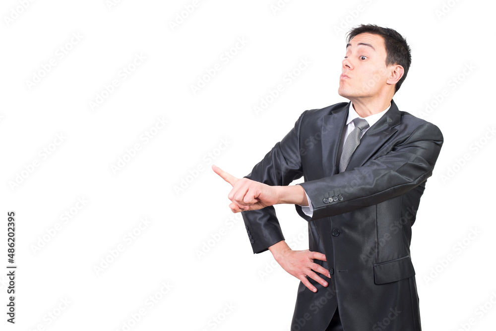Serious entrepreneur pointing finger at empty space Serious entrepreneur pointing finger at empty space