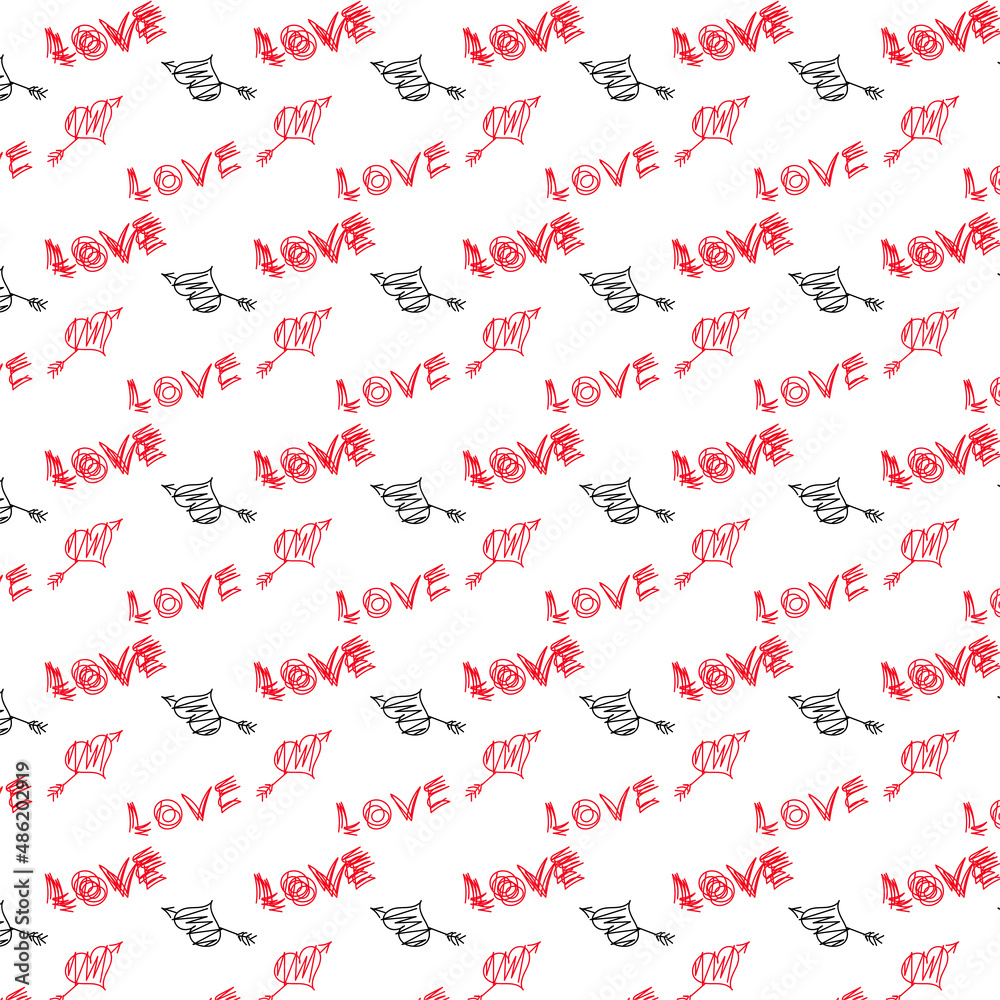 Pattern for Valentine's day with inscriptions about love and hearts.