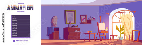 Art studio, artist room with canvas and brushes on easel. Vector parallax background ready for 2d animation with cartoon interior of painter workshop with paints, materials and tools